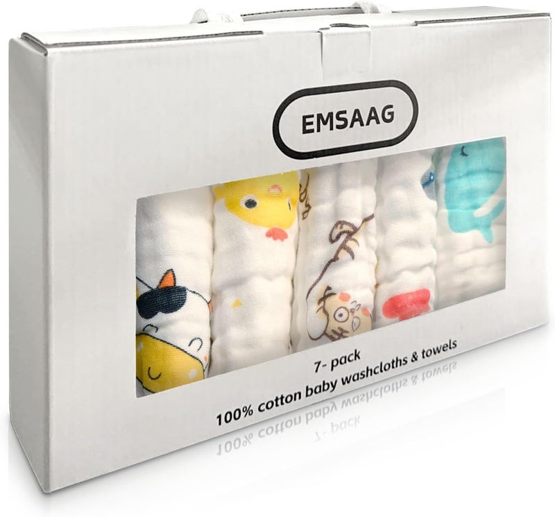 EMSAAG Muslin Baby Washcloths Pack of 7-Gift Boxed Mixed Patten, Absorbent Baby Bath and Face Towels,100% Cotton Baby Wipes Newborn,Burp Cloths,Feeding Towels for Babies and Infants,Reusable-10x10 - Image 1